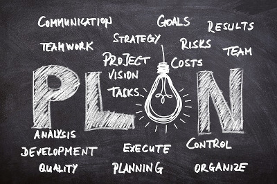 Blackboard with business planning ideas
